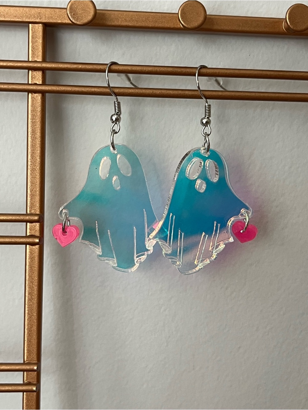 Iridescent Ghost Earrings with Pink Heart